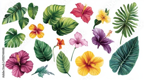 Tropical Flowers and Leaves Watercolor Illustration