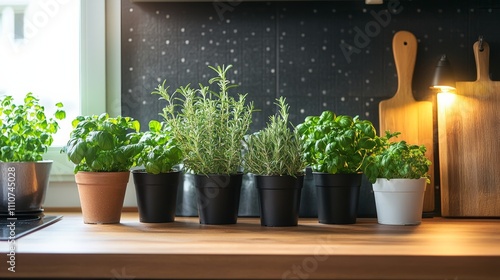 Stylish home herb garden with compact planters, rosemary, basil, mint, soft lighting, inviting kitchen setup photo