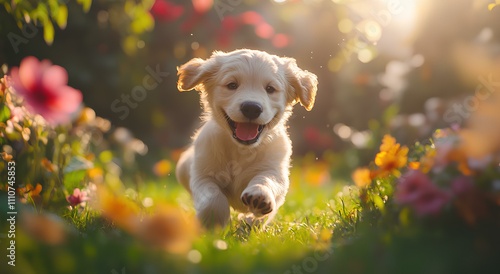 Joyful Golden Retriever Puppy Running Through a Sunny Garden Filled with Blooming Flowers photo