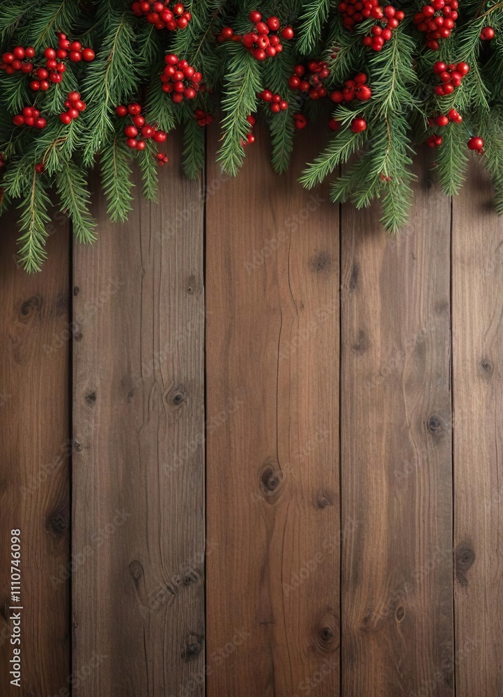 Rustic wooden background with spruce branches and red berries , festive, branch Rustic wooden background with spruce branches and red berries , festive, branch