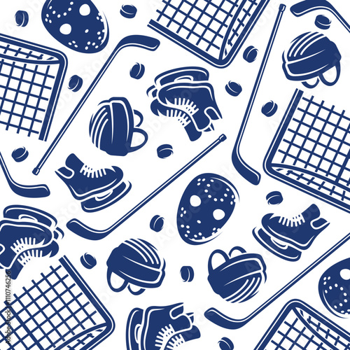 Hockey background, pattern set. Collection icons hockey. Vector