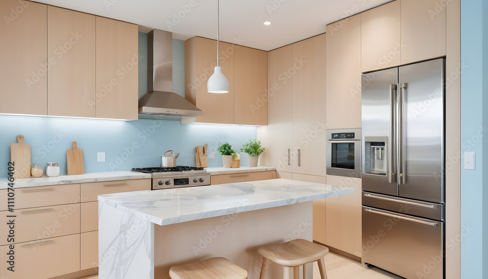 Modern Minimalist Small Kitchen Featuring Light Wood Cabinets and White Marble Countertop Modern Minimalist Small Kitchen Featuring Light Wood Cabinets and White Marble Countertop