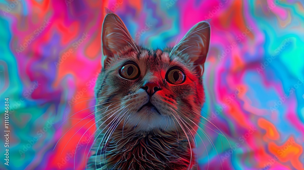 A Surprised Tabby Cat Against a Vibrant, Psychedelic Background A Surprised Tabby Cat Against a Vibrant, Psychedelic Background