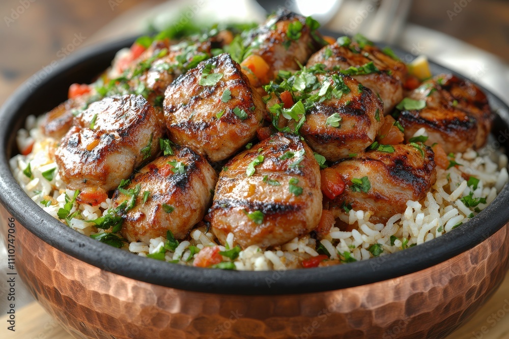 A bowl of grilled meat served on a bed of biryani rice, garnished with herbs and vegetables. A bowl of grilled meat served on a bed of biryani rice, garnished with herbs and vegetables.