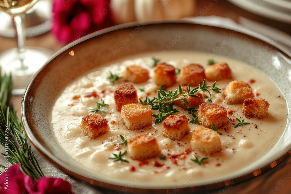 Creamy soup topped with croutons and herbs, served in an elegant bowl. Creamy soup topped with croutons and herbs, served in an elegant bowl.