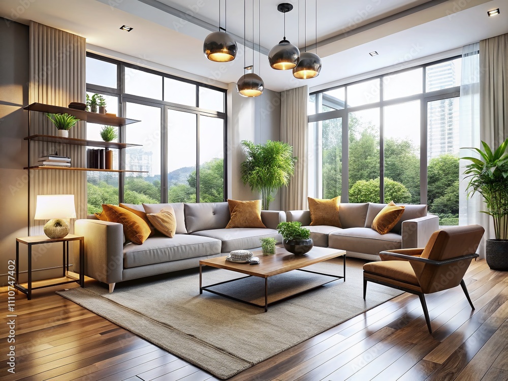 Fototapeta premium Modern Bright Living Room Interior Design with White Walls and Stylish Furnishings, Showcasing a Spacious and Inviting Atmosphere in a 3D Rendered Environment