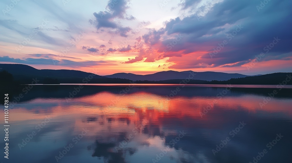 Naklejka premium Sunset over a peaceful lake with colorful skies reflected in the water