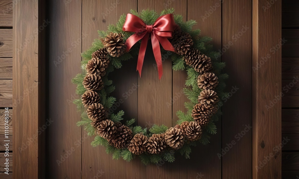 Pinecone and ribbon wreath hung on a wooden door frame, nature-inspired wreath, cozy home, seasonal decoration Pinecone and ribbon wreath hung on a wooden door frame, nature-inspired wreath, cozy home, seasonal decoration