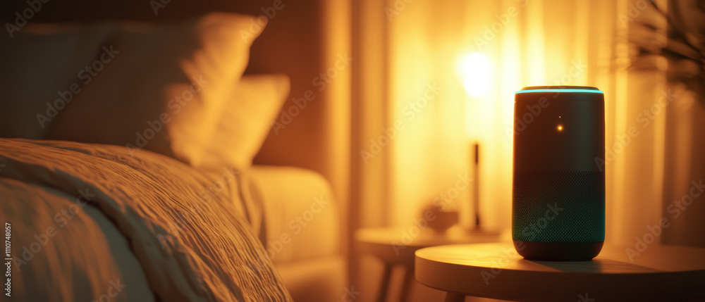 smart speaker illuminated in cozy bedroom setting, creating warm atmosphere. soft glow enhances inviting ambiance, perfect for relaxation smart speaker illuminated in cozy bedroom setting, creating warm atmosphere. soft glow enhances inviting ambiance, perfect for relaxation
