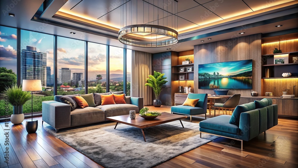 Modern Living Room Conceptualized Through AI Generative Technology, Showcasing Innovative Design Elements, Futuristic Aesthetics, and a Harmonious Blend of Comfort and Style Modern Living Room Conceptualized Through AI Generative Technology, Showcasing Innovative Design Elements, Futuristic Aesthetics, and a Harmonious Blend of Comfort and Style