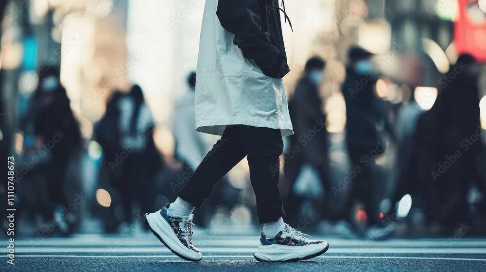 Fototapeta premium person walking in busy urban environment, wearing stylish outfit and sneakers, surrounded by blurred pedestrians. scene captures essence of city life