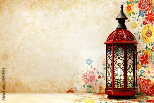 Ornate Red Lantern Against a Vintage Floral Background. A vibrant red lantern with intricate, stained-glass-like patterns is centrally positioned against a backdrop of a vintage,