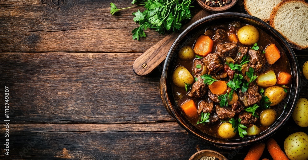 Irish Beef Stew with Potatoes, Carrots, and Soda Bread. AI generated illustration. Irish Beef Stew with Potatoes, Carrots, and Soda Bread. AI generated illustration.