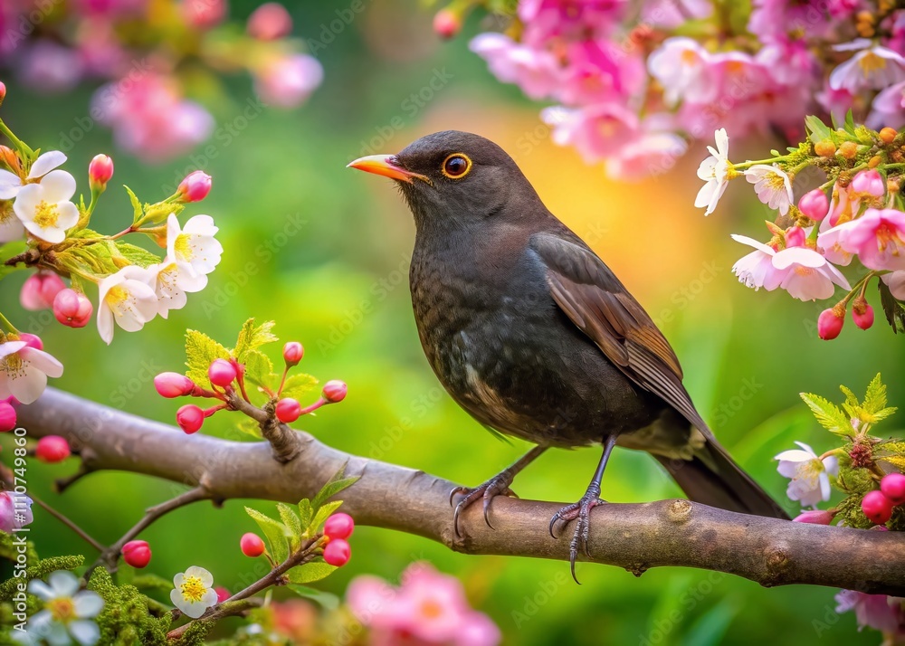 Mrs. Blackbird Perched Elegantly in a Lush Garden, Capturing Nature’s Beauty in the Rule of Thirds Composition with Vibrant Flowers and Greenery Surrounding Her Mrs. Blackbird Perched Elegantly in a Lush Garden, Capturing Nature’s Beauty in the Rule of Thirds Composition with Vibrant Flowers and Greenery Surrounding Her