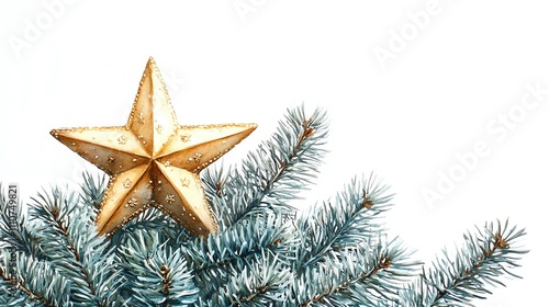 Golden star ornament in watercolor style, placed on top of a Christmas tree, white background photo