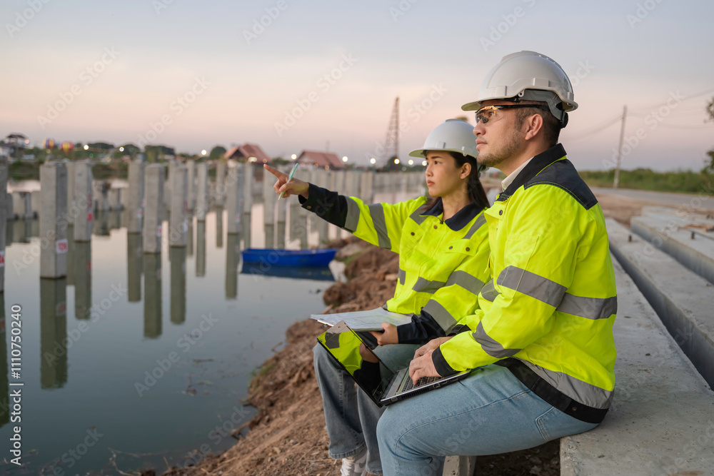 Civil Engineers Consult on Pile Driving in Water,Working at site of a large building project Construction Site Collaboration,Discuss Construction Project,Building Foundations at the Site Civil Engineers Consult on Pile Driving in Water,Working at site of a large building project Construction Site Collaboration,Discuss Construction Project,Building Foundations at the Site
