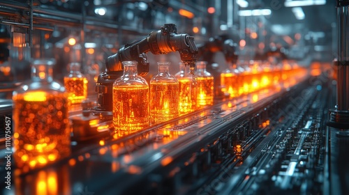 A factory scene showcasing bottles filled with glowing liquid on a production line.