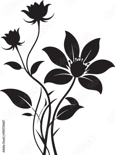 Black and white silhouette of two carnations growing on curved stems with leaves