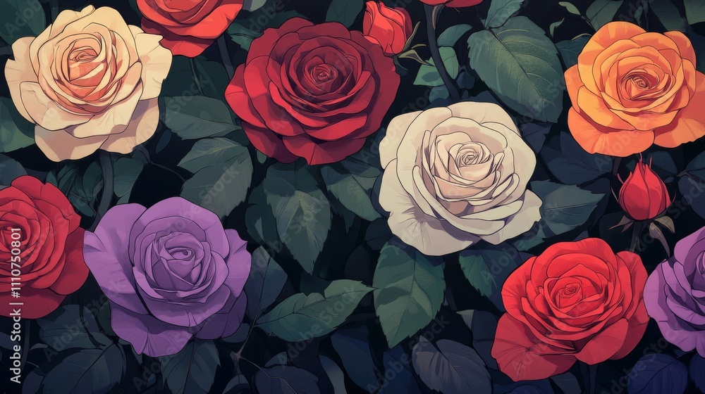 Vibrant Rose Garden: Colorful Blooms in Full Bloom Vibrant Rose Garden: Colorful Blooms in Full Bloom