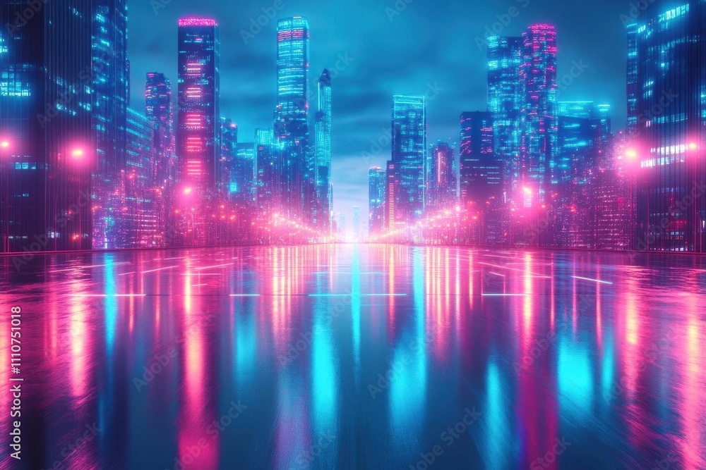 Fototapeta premium Neon Cityscape: A Futuristic Nighttime View of a Wet Road with Reflections of Skyscrapers and Bright Lights