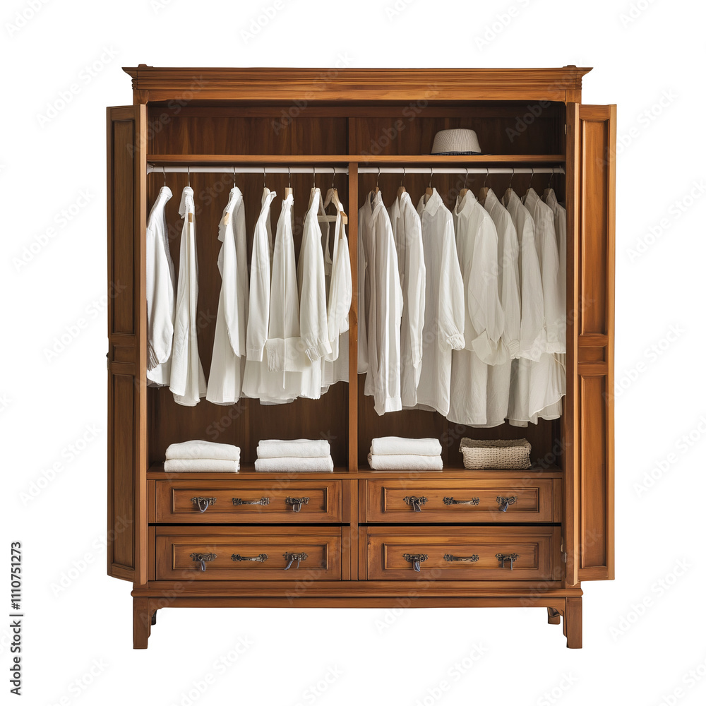 A large wooden wardrobe with hanging space on a white background A large wooden wardrobe with hanging space on a white background