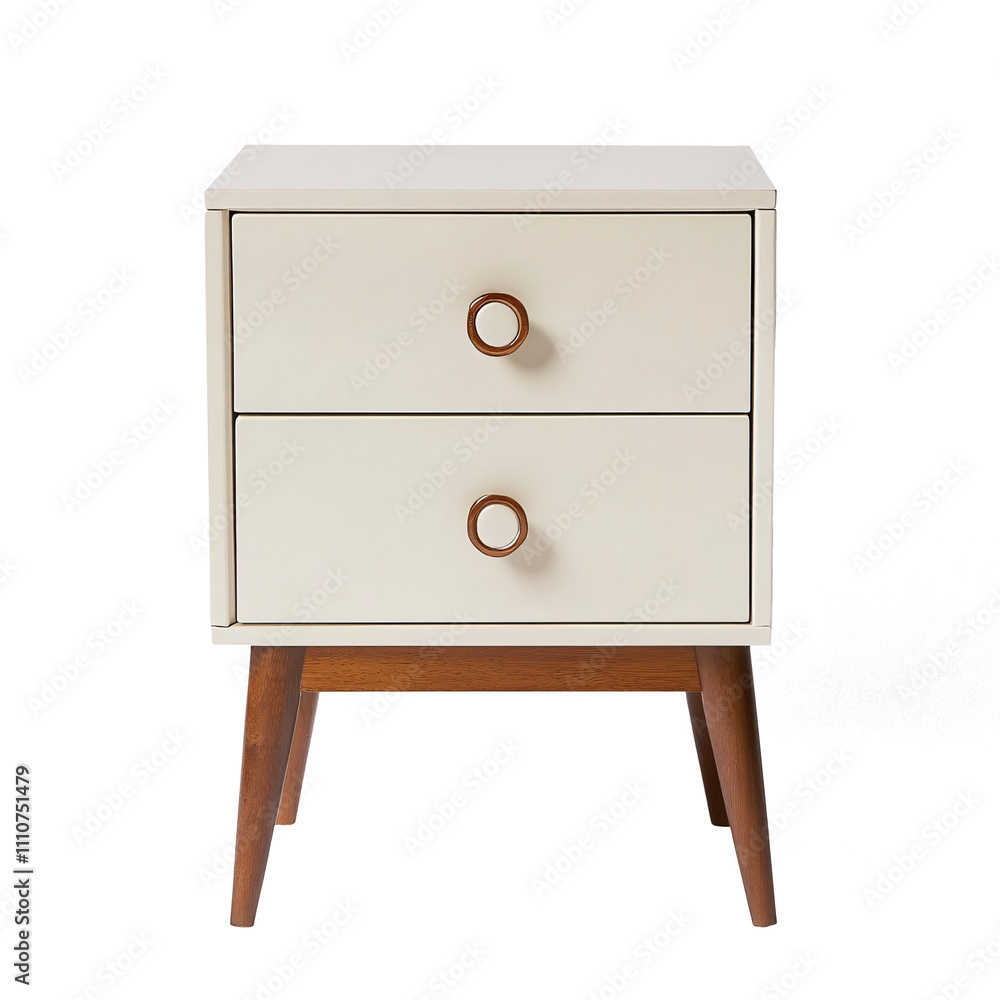 A modern white nightstand with drawers on a white background A modern white nightstand with drawers on a white background
