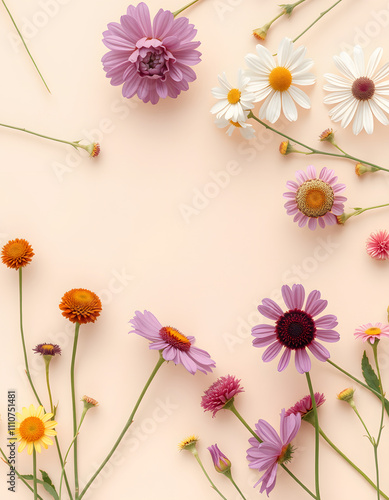 Top view pattern of natural wild flowers on pastel beige, floral blossom background, close up detail, minimal frame with copy space. Beautiful nature meadow flowers, summer flowery concept, mindfuln