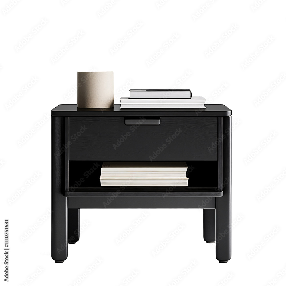 A sleek black side table with storage on a white background A sleek black side table with storage on a white background