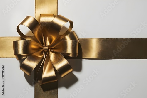 Top view of gold ribbon rolled and yellowbow isolated on colored background. Flat lay with copy space.
 photo