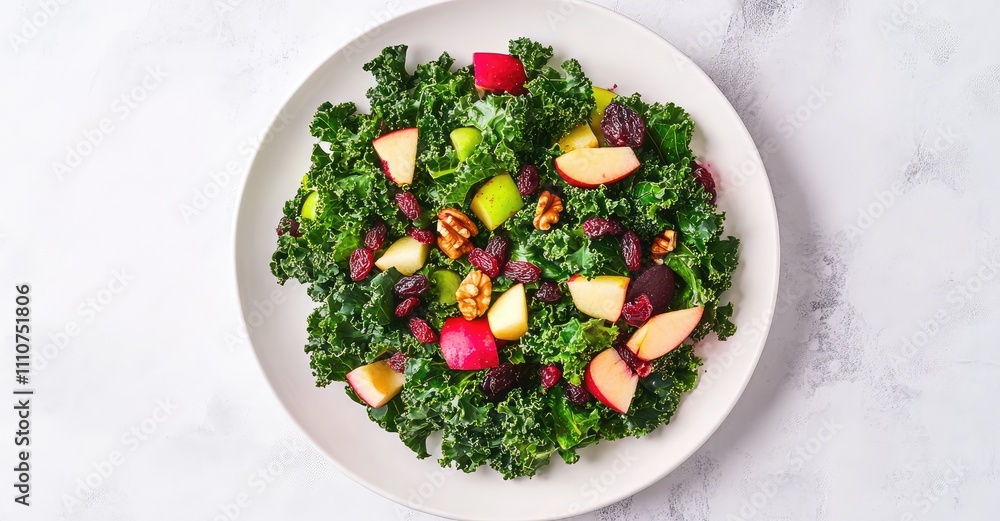 Kale Salad with Apple, Beetroot, Walnuts, and Raisins. AI generated illustration. Kale Salad with Apple, Beetroot, Walnuts, and Raisins. AI generated illustration.