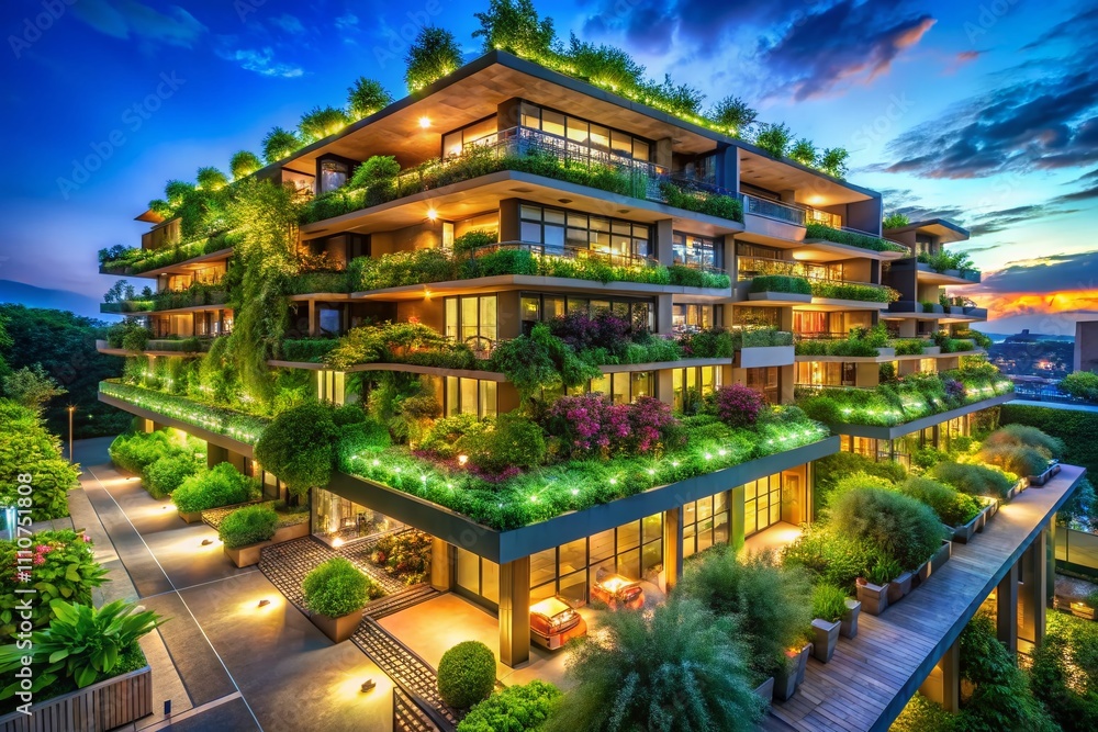 Night Photography of a Modern Ecovillage Featuring the Arafed Building Surrounded by Lush Green Roofs and Vibrant Plants on Balconies, Illuminated in the Evening Glow Night Photography of a Modern Ecovillage Featuring the Arafed Building Surrounded by Lush Green Roofs and Vibrant Plants on Balconies, Illuminated in the Evening Glow