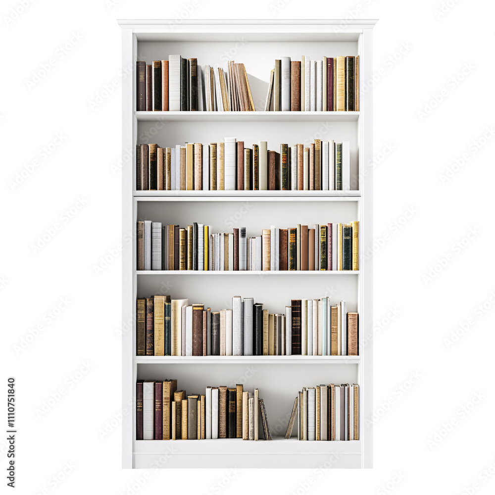 A tall white bookshelf with multiple shelves on a white background A tall white bookshelf with multiple shelves on a white background