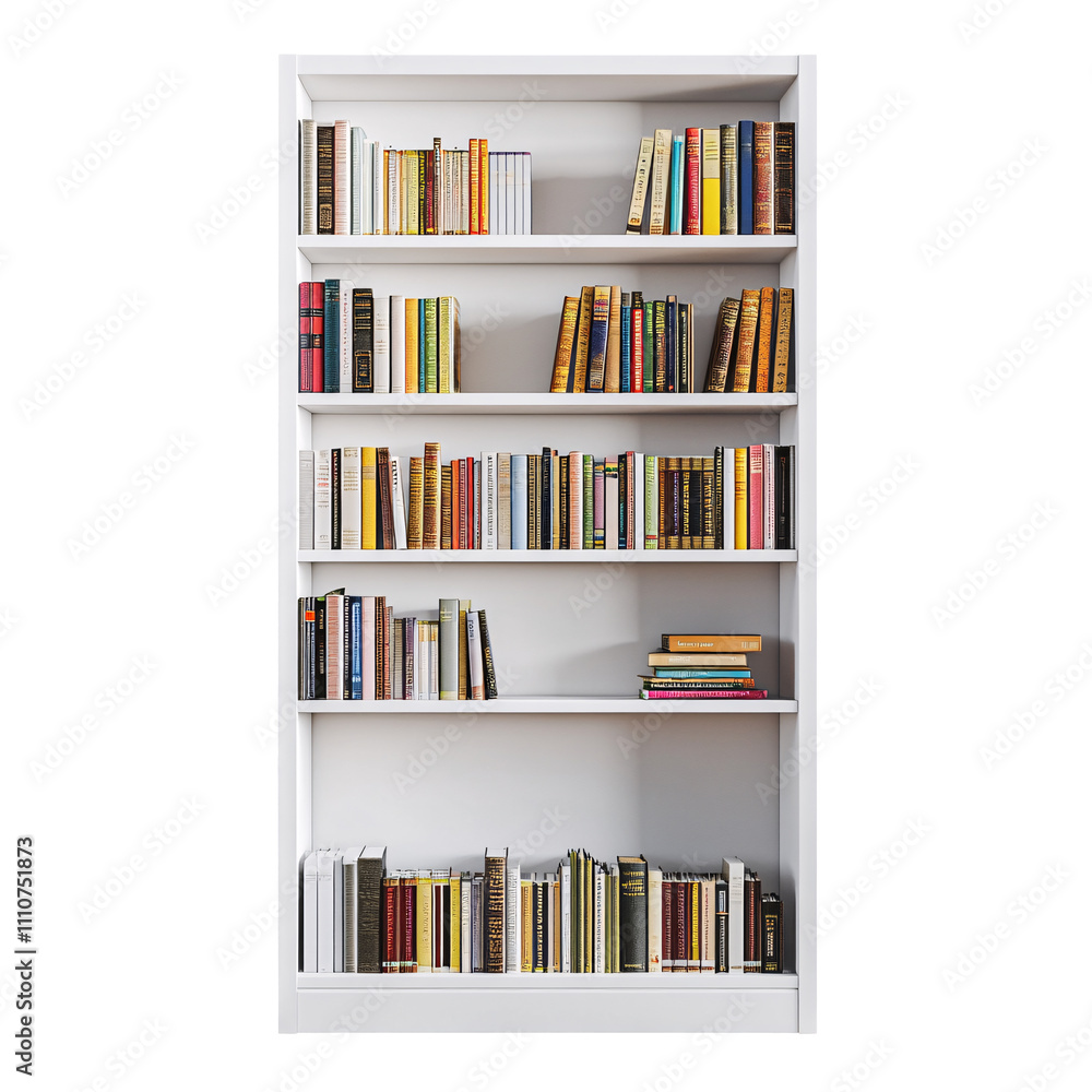 A tall white bookshelf with multiple shelves on a white background A tall white bookshelf with multiple shelves on a white background