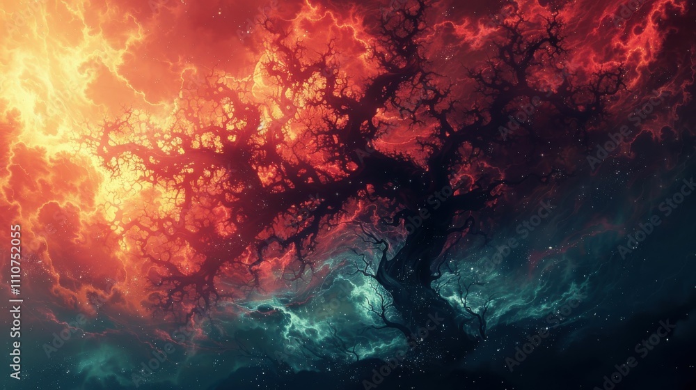 A tree with red and blue branches is surrounded by a stormy sky A tree with red and blue branches is surrounded by a stormy sky
