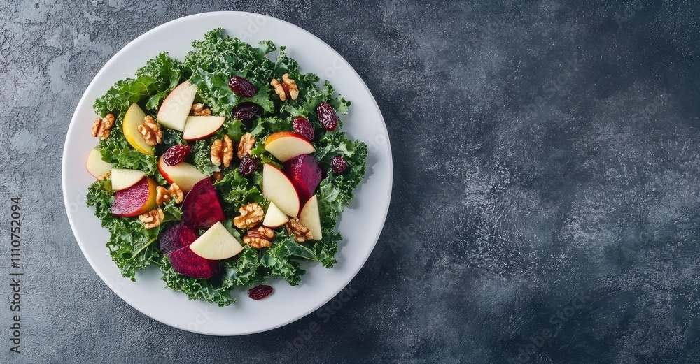 Kale Salad with Apple, Beetroot, Walnuts, and Raisins. AI generated illustration. Kale Salad with Apple, Beetroot, Walnuts, and Raisins. AI generated illustration.