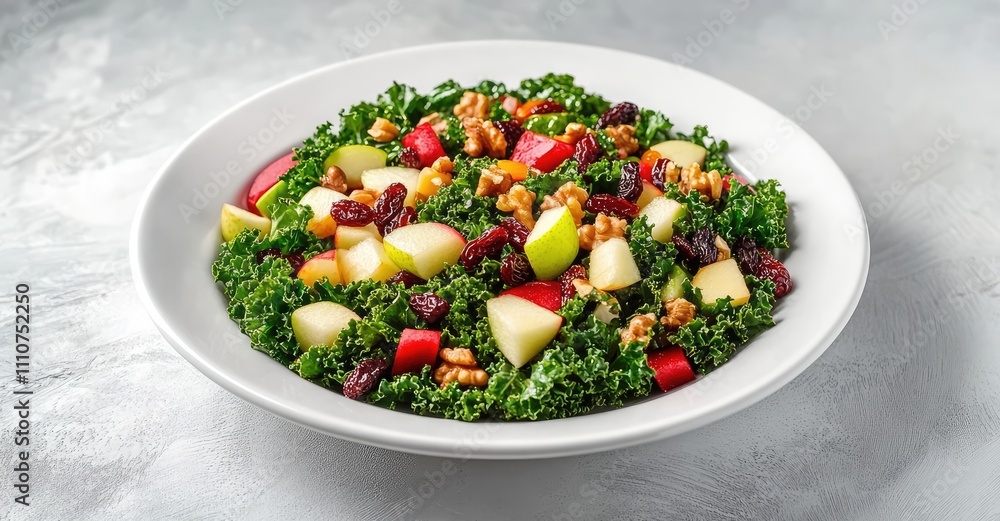 Kale Salad with Apple, Beetroot, Walnuts, and Raisins. AI generated illustration. Kale Salad with Apple, Beetroot, Walnuts, and Raisins. AI generated illustration.