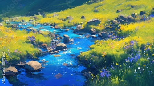 Vibrant blue stream flows through sunny meadow with wildflowers and rocks.