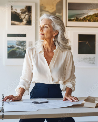 Stylish older woman in her office, radiating artistic sophisticated elegance, and a rich creative successful accomplished professional career