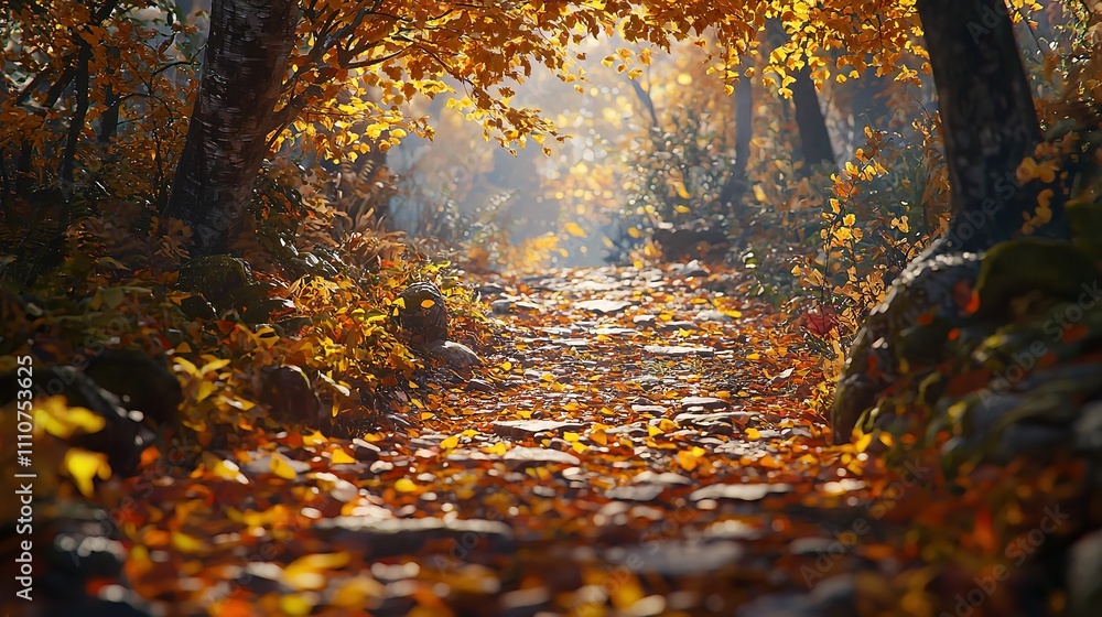 Autumn forest landscape with a path covered in autumn leaves. Autumn forest landscape with a path covered in autumn leaves.