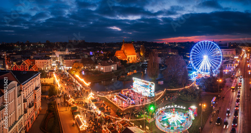 Beaitiful Christmas market in Bydgoszcz city at dusk. Poland photo