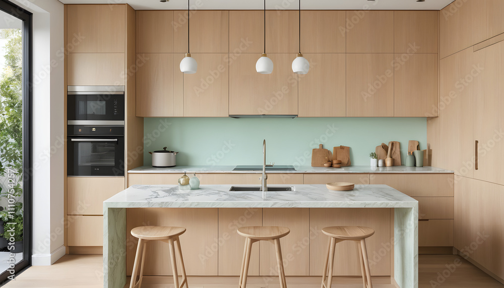 Elegant Wood Minimalist Small Kitchen with Natural Oak Cabinetry and Sleek White Marble Countertop Elegant Wood Minimalist Small Kitchen with Natural Oak Cabinetry and Sleek White Marble Countertop