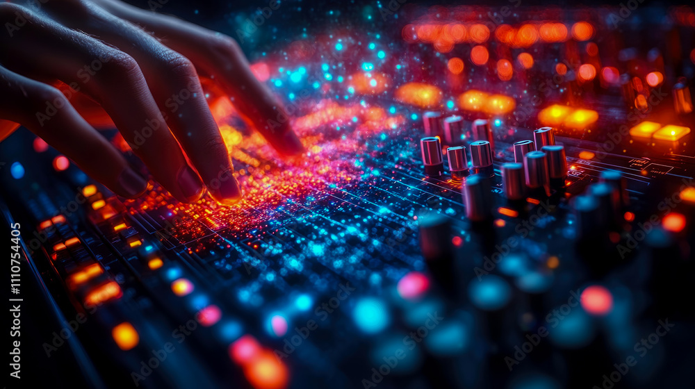 A musician adjusts controls on a complex sound mixer, surrounded by colorful lights and a creative atmosphere in a late-night studio session A musician adjusts controls on a complex sound mixer, surrounded by colorful lights and a creative atmosphere in a late-night studio session