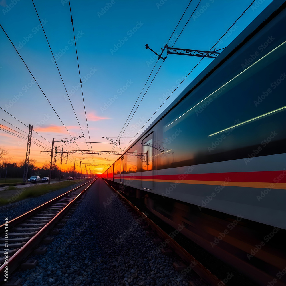 Transportation mode speeds on railroad tracks at sunset generative AI Transportation mode speeds on railroad tracks at sunset generative AI