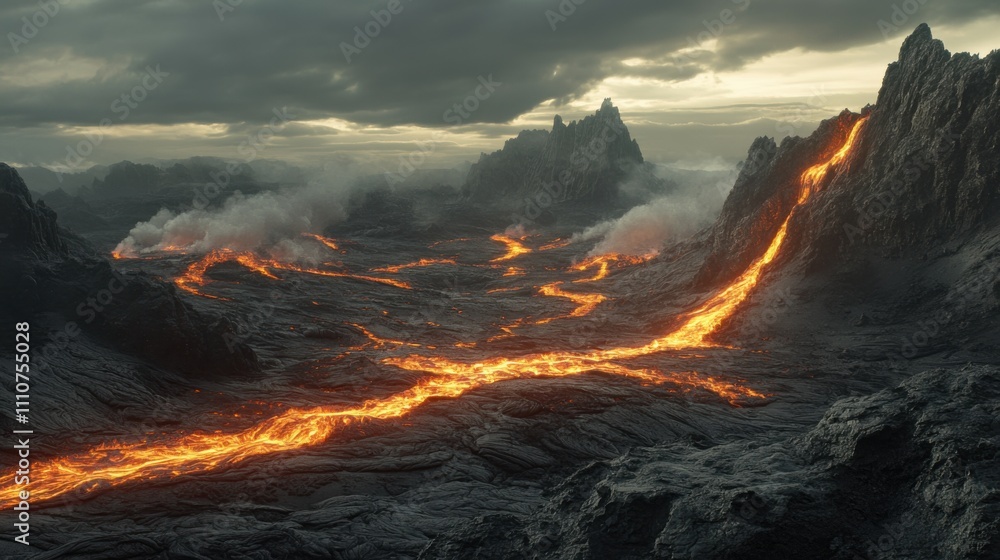 Fototapeta premium Molten lava flows through a rugged volcanic landscape under a dramatic cloudy sky at dusk