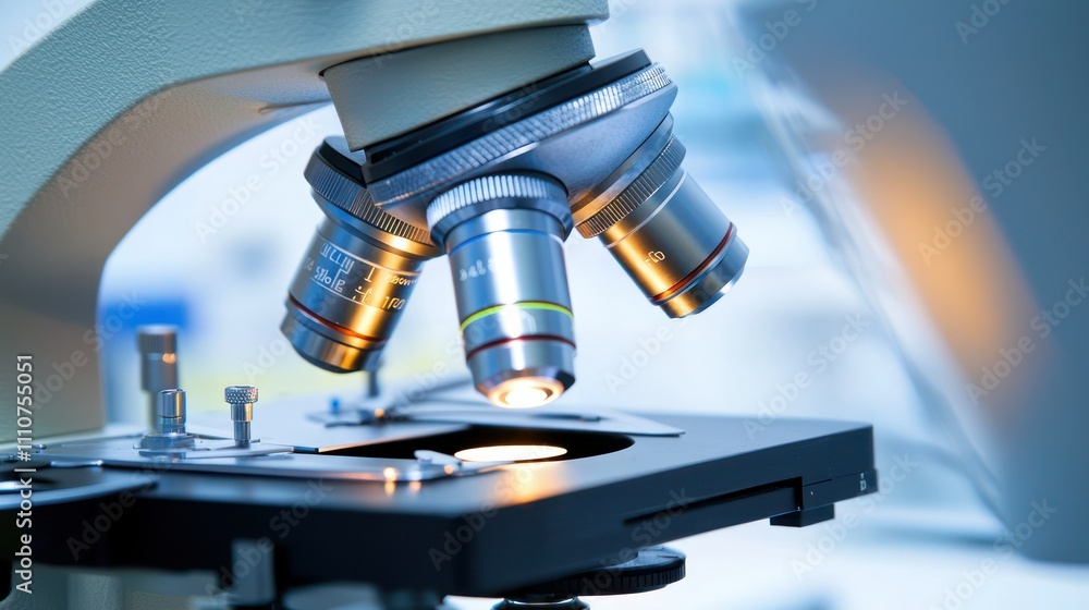 A close-up of a laboratory microscope in action, focusing on a specimen slide