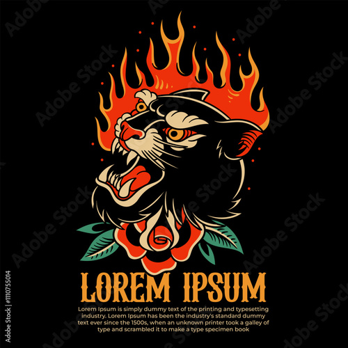 fire tiger traditional tattoo, panther tattoo, vintage tattoo design element typography