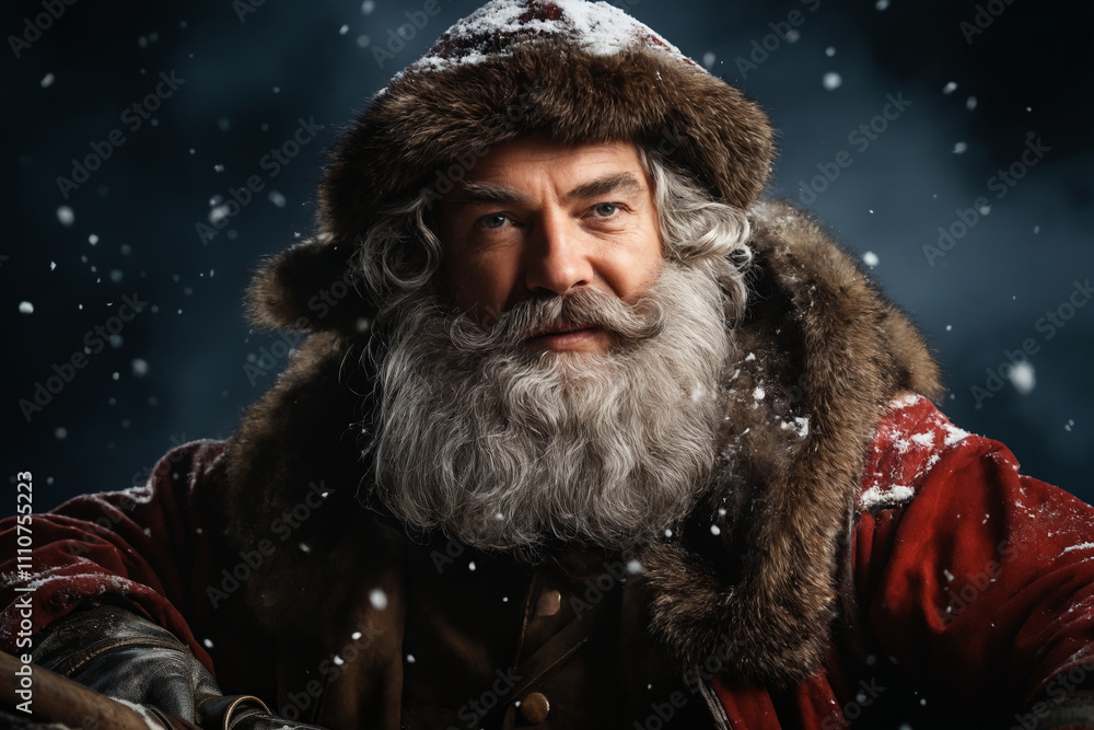 Realistic portrait of happy Santa Claus in winter fur clothes under snowfall Realistic portrait of happy Santa Claus in winter fur clothes under snowfall
