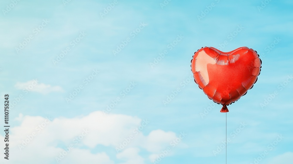 Fototapeta premium Valentine romance and handmade, A vibrant red heart-shaped balloon floats against a blue sky, evoking feelings of love and joy.