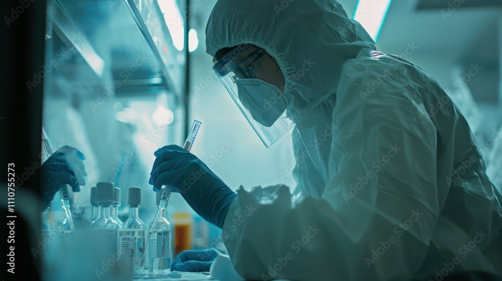 A close-up of a laboratory technician testing samples for coronavirus in a sterile environment A close-up of a laboratory technician testing samples for coronavirus in a sterile environment