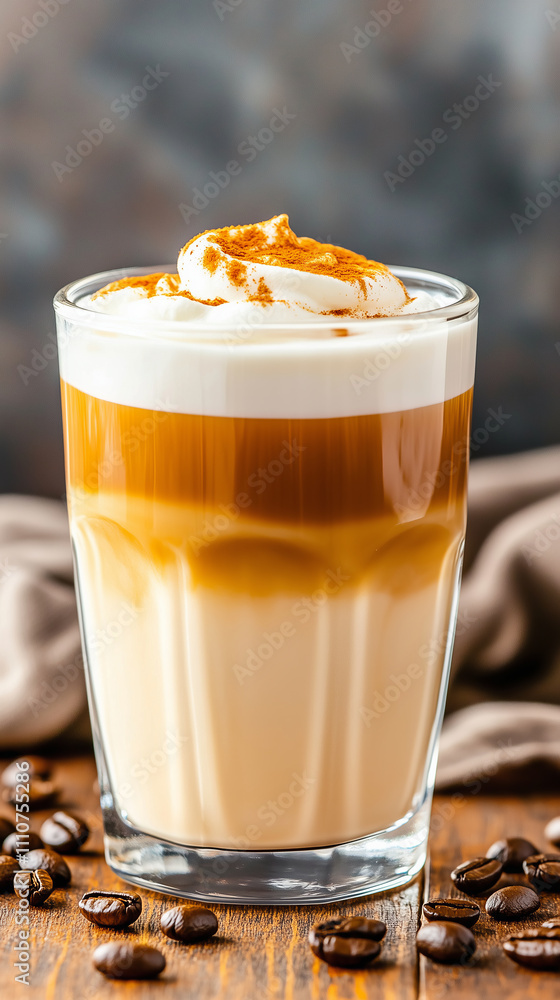 glass of layered whipped coffee and milk with coffee beans scattered glass of layered whipped coffee and milk with coffee beans scattered